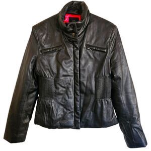 Identify Black Leather Cinched Waist Zip-Up Moto Jacket Size L